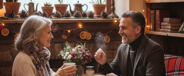 A mature couple enjoying a cup of coffee in a cosy cafe in winter