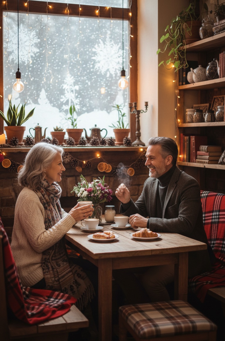 A mature couple enjoying a cup of coffee in a cosy cafe in winter