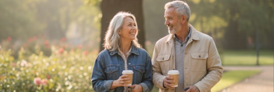 a couple getting to know each other on a dog walk