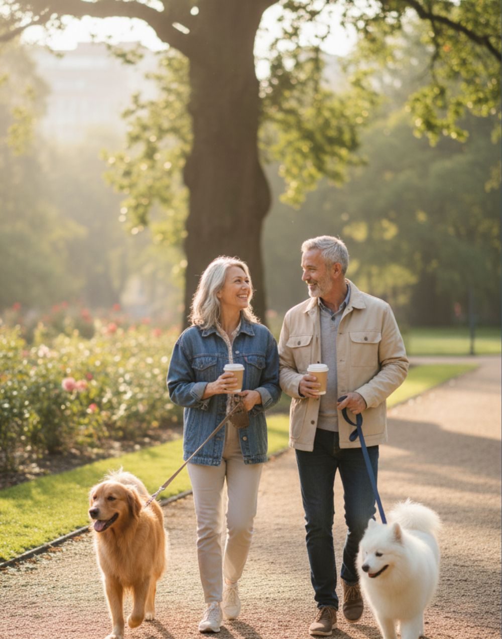 a couple getting to know each other on a dog walk