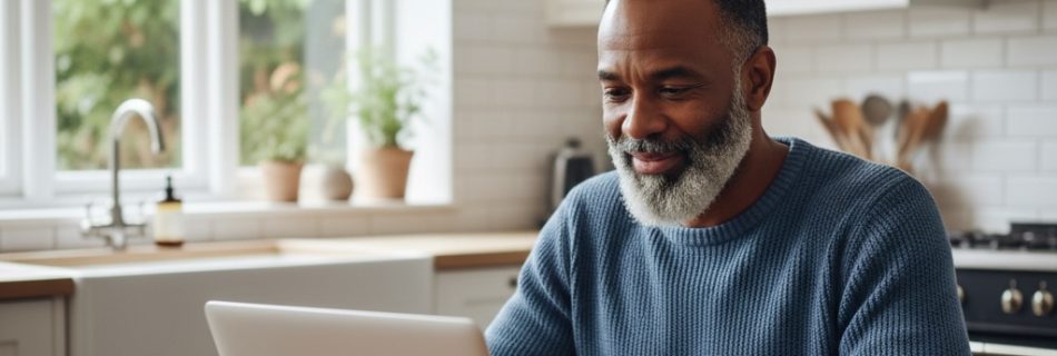 A mixed race man around 60 looking at his laptop while he writes his dating profile and smiling slightly