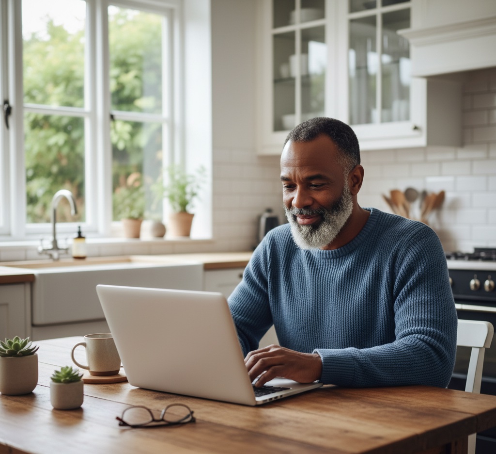 A mixed race man around 60 looking at his laptop while he writes his dating profile and smiling slightly