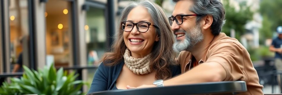 Older man and younger woman smiling at café