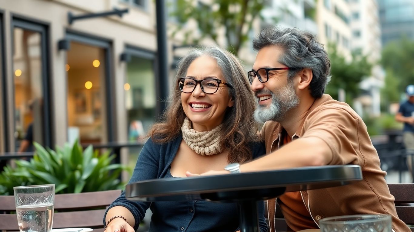 Older man and younger woman smiling at café
