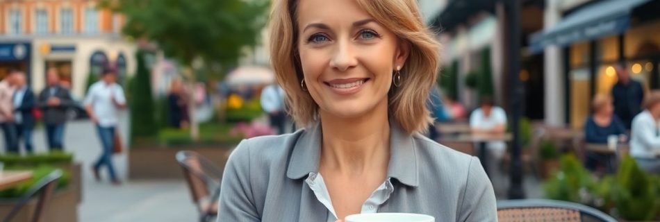 Confident woman, age forty, happy alone at city café.