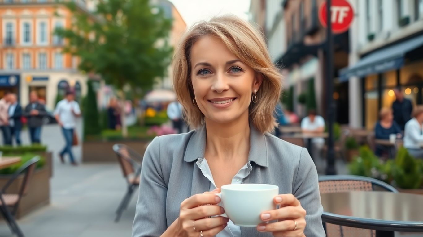 Confident woman, age forty, happy alone at city café.