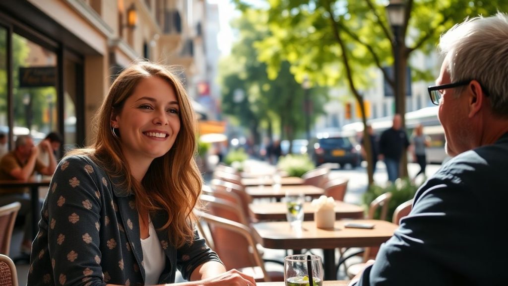Woman meeting man outdoors in city café setting