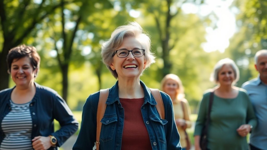 Happy woman over 70 walking in sunny park