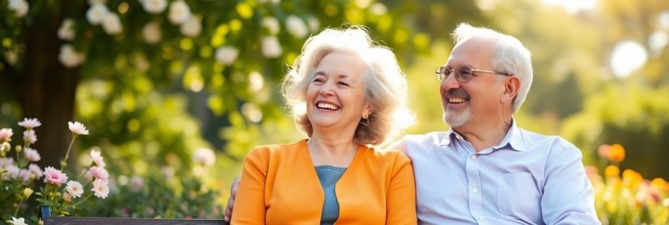 Happy senior couple on park bench in sunlight