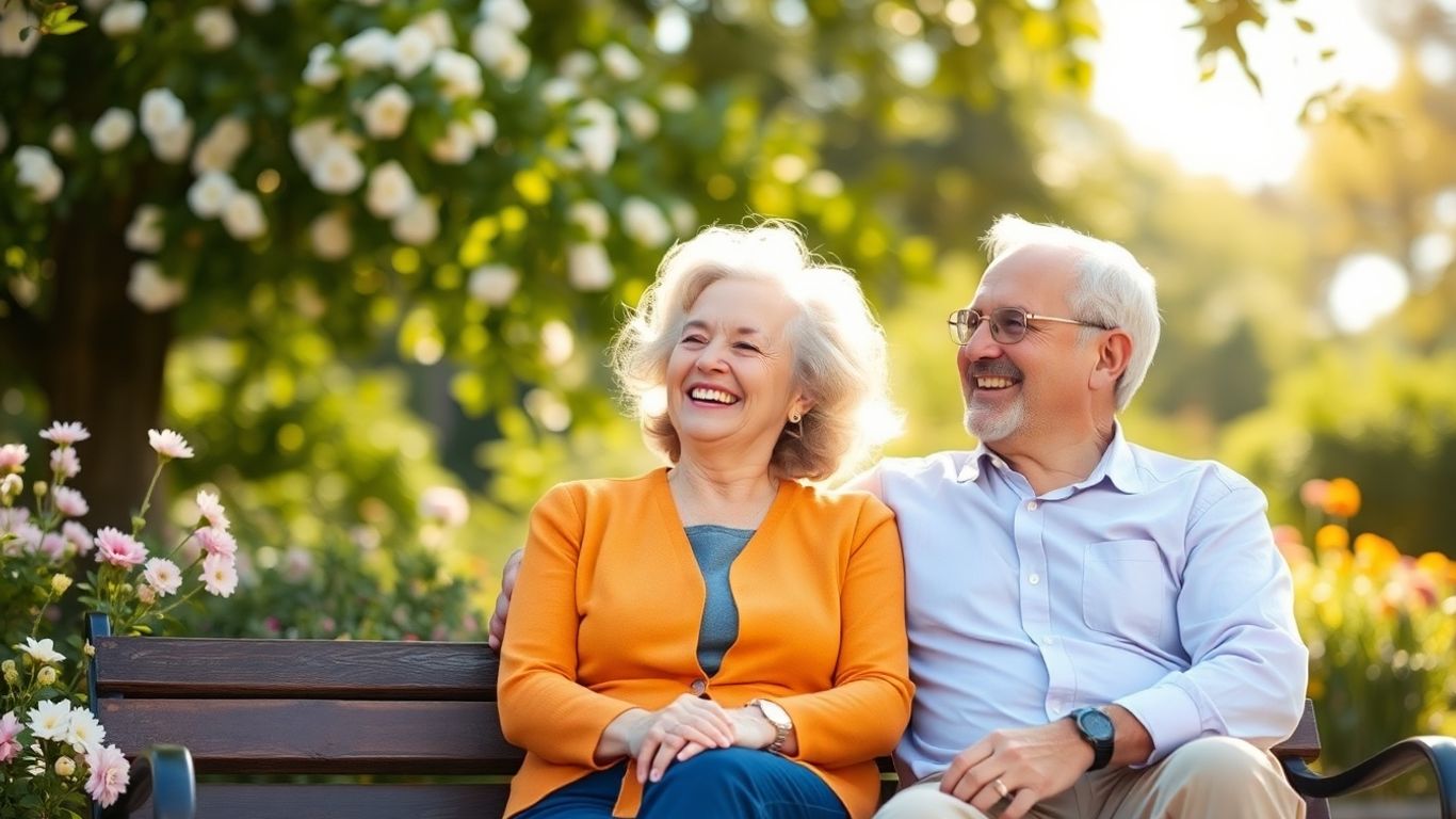 Happy senior couple on park bench in sunlight