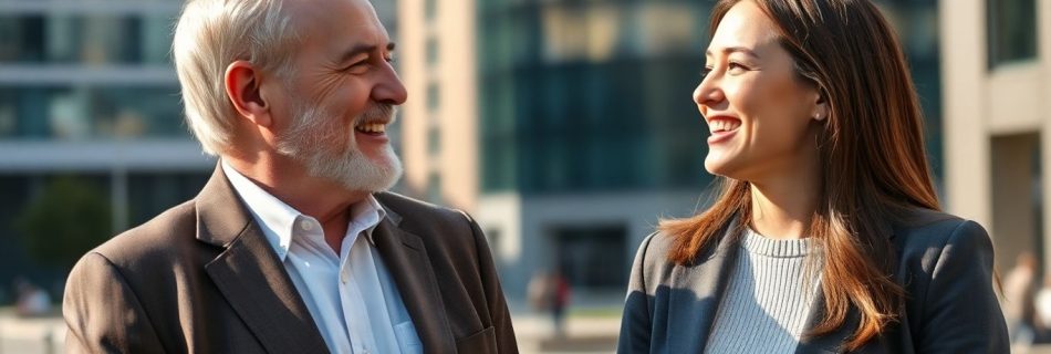 Older man and younger woman smiling together outdoors