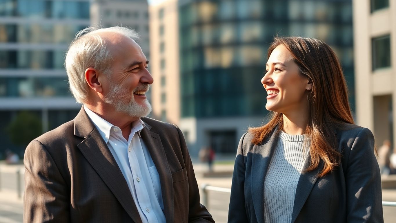 Older man and younger woman smiling together outdoors